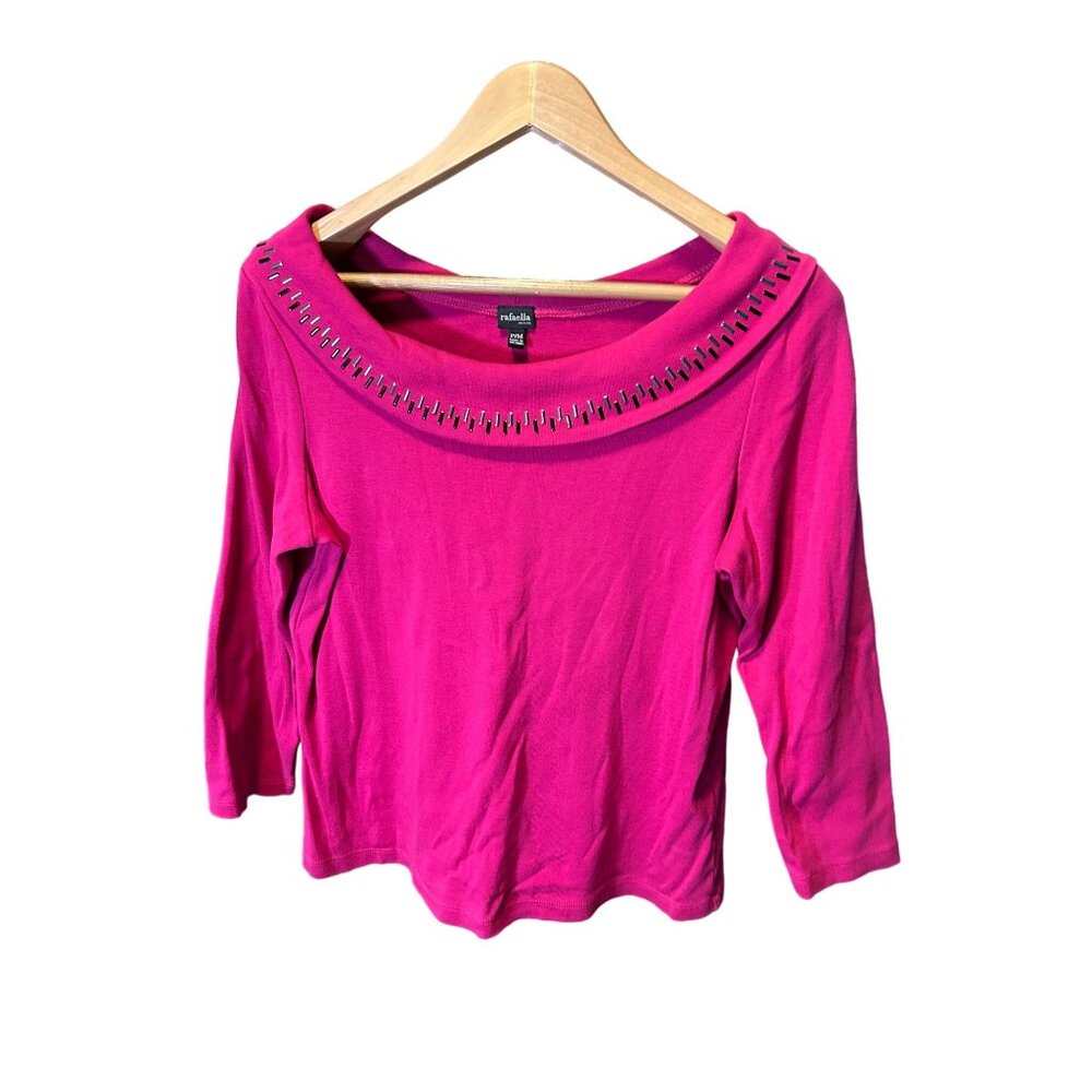 Rafaella Pink Three Quarter Sleeve Wide Beaded Neck Top SZ MP